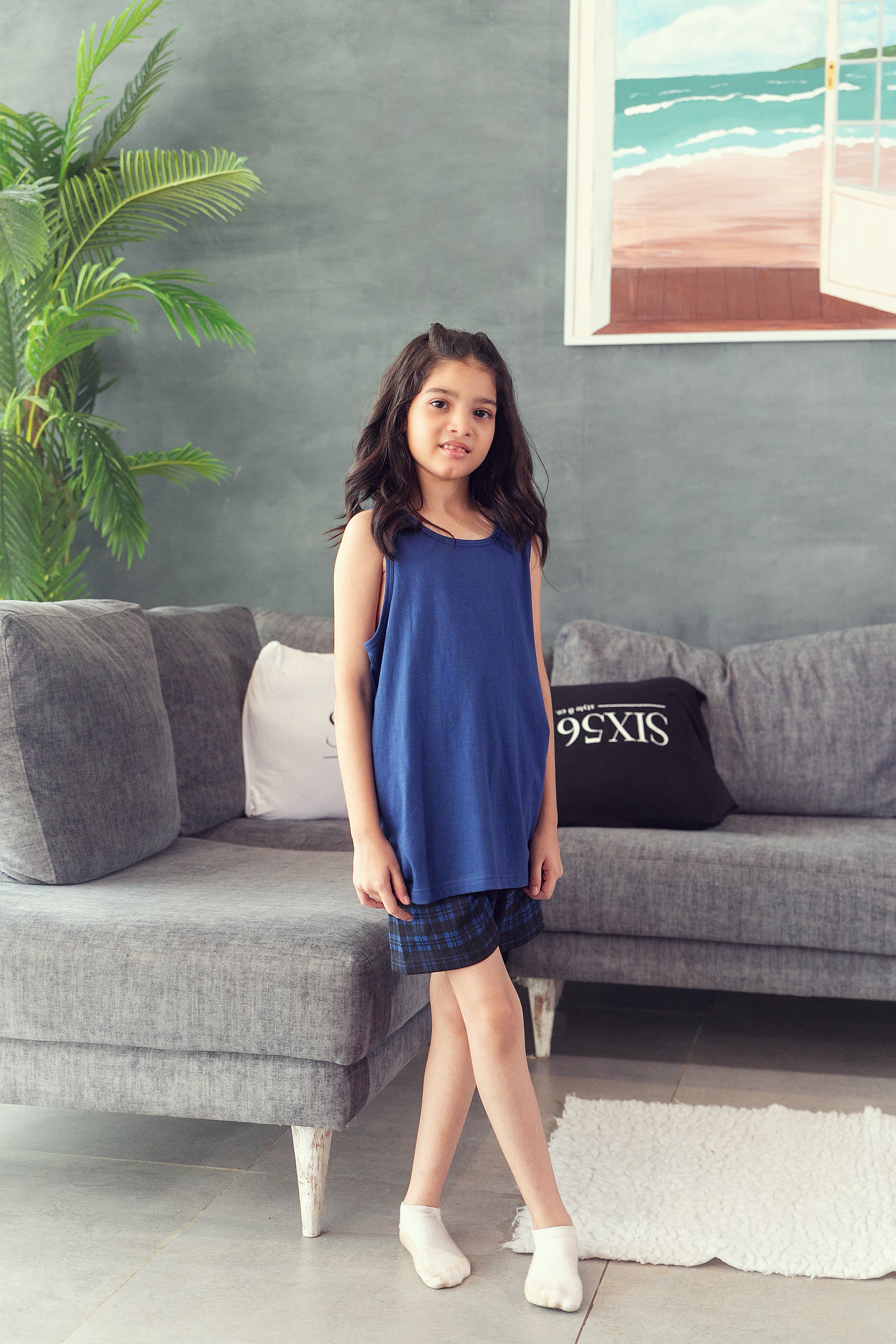 Black and Navy Check Shorts Set - Girls